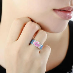 Pink Blue Enamel Butterfly Ring Exquisite Vintage 925 Silver Zircon Engagement Promise Ring Gift for Her