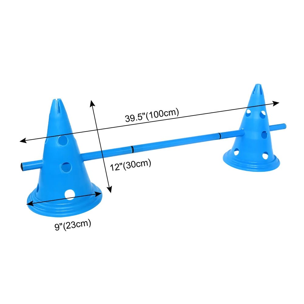 Blue dog training cones with measurement details on a white background
