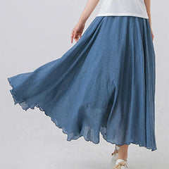 Cotton Linen Maxi Skirt Women's Casual Elastic High Waist Pleated A-Line Boho Skirts