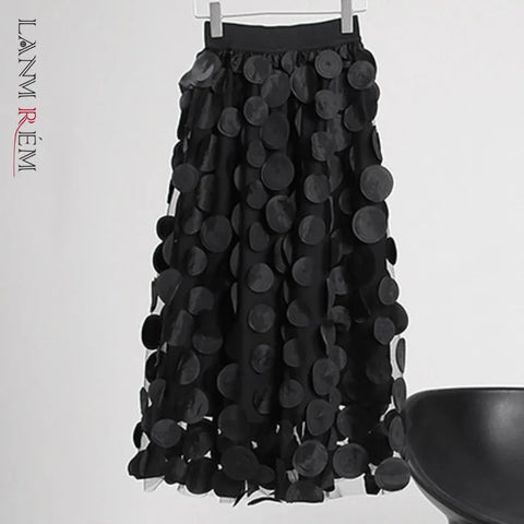 Midi Skirt Women Polka Dot Gauze Mesh Elastic Waist Loose A-Line Streetwear Casual Fashion Skirt