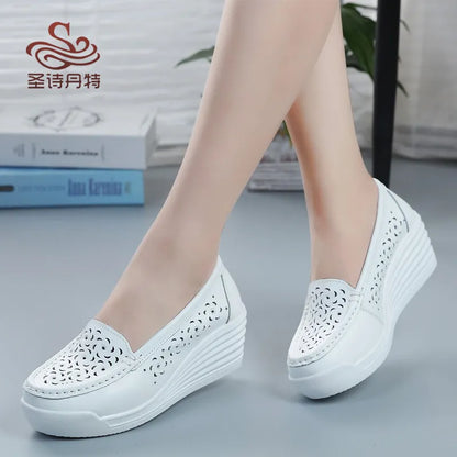 Women's Genuine Leather Wedge Shoes Platform Wedges Casual Shoes