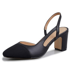 Women's Low Heel Genuine Leather Slingback Shoes Square Toe Pumps Thick Heel Shoes