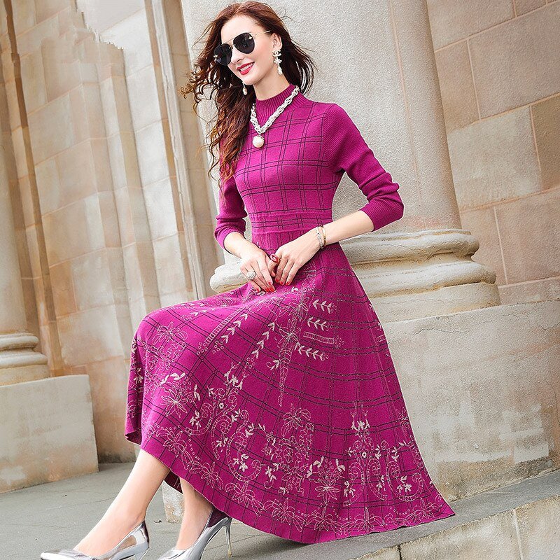 Elegant A-line Knit Slim Waist Dress Long Sleeve Sweater Dresses for W Elegant A-line Knit Slim Waist Dress Long Sleeve Sweater Dresses for W