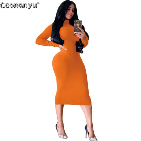 Turtleneck Midi Dress Women Black Long Sleeve Skinny Bodycon Party Clubwear Autumn Winter Fashion
