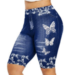 Women's Faux Denim Butterfly Print Short Leggings Running Tights Yoga Shorts