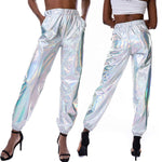 Women's High Waist Metallic Pants Smooth and Shiny Lantern Reflective Trousers
