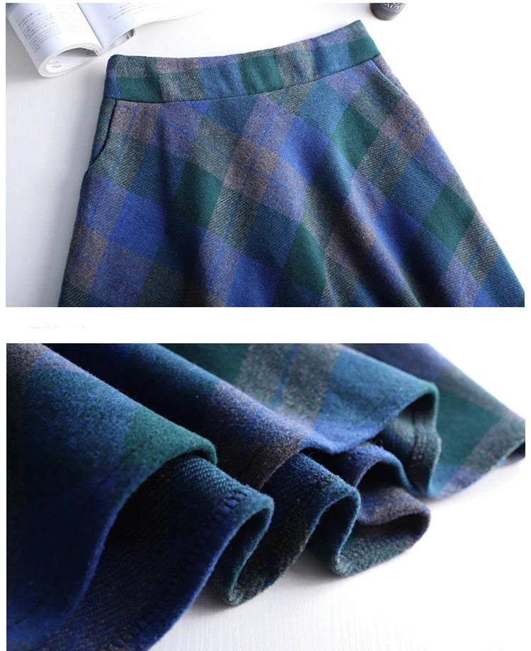 Women's Wool Thick Warm Plaid Skirts British Style Clothing with Pockets Pleated A-Line Midi Tartan Skirt