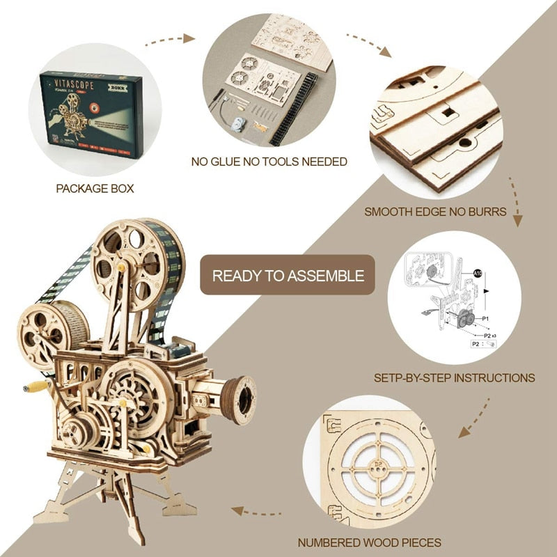 3D Model Hand Crank Wooden Movie Projector Model Building Kit Assembly - It Actually Plays Film When Assembled