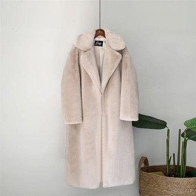 Women's Elegant Long Faux Fur Coat Loose High Quality Thick Warm Winter Vegan Fur Overcoat