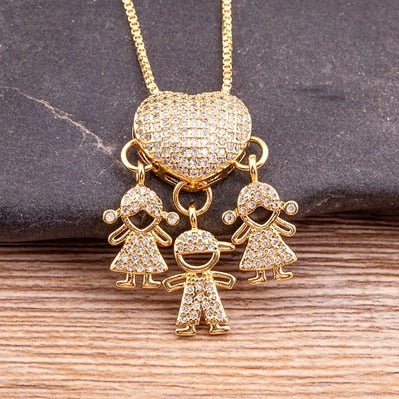 Heart Pendant Necklace Women Gold Cubic Zirconia Family Mother Daughter Son Jewelry Gift