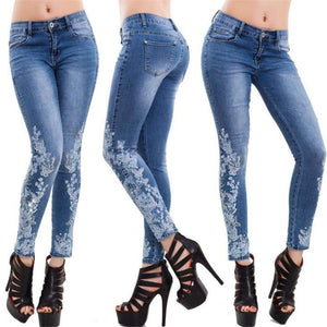 Stretchy Embroidered Jeans For Women Low Rise Jeans - Slim Fit Plus Size Denim Blue