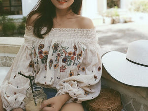 Floral Embroidery sexy off-shoulder Boho Blouse