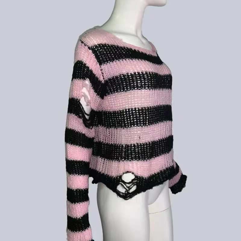 Striped Gothic Sweater Unisex Long Loose Hollow Out Hole Distressed Cool Streetwear Fashion