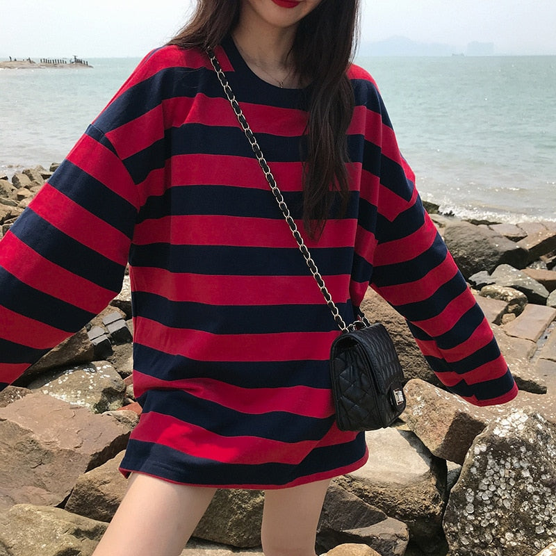 Striped Long Sleeve Couple Tops Gothic Shirts Oversized Women's Sweater