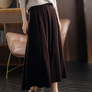 Women's  Cashmere A-Line Skirt Pleated Knit Long Skirt 100%Wool Large Size High Waist Shirring Skirt