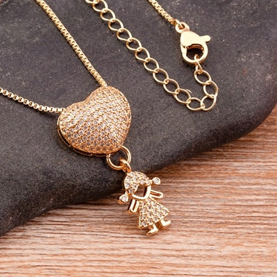 Gift For Mother Son Daughter Heart Gold Color Cubic Zirconia Necklace Family Women's Pendant Necklace