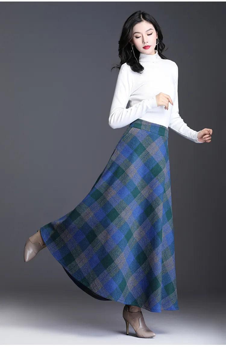 Women's Wool Thick Warm Plaid Skirts British Style Clothing with Pockets Pleated A-Line Midi Tartan Skirt