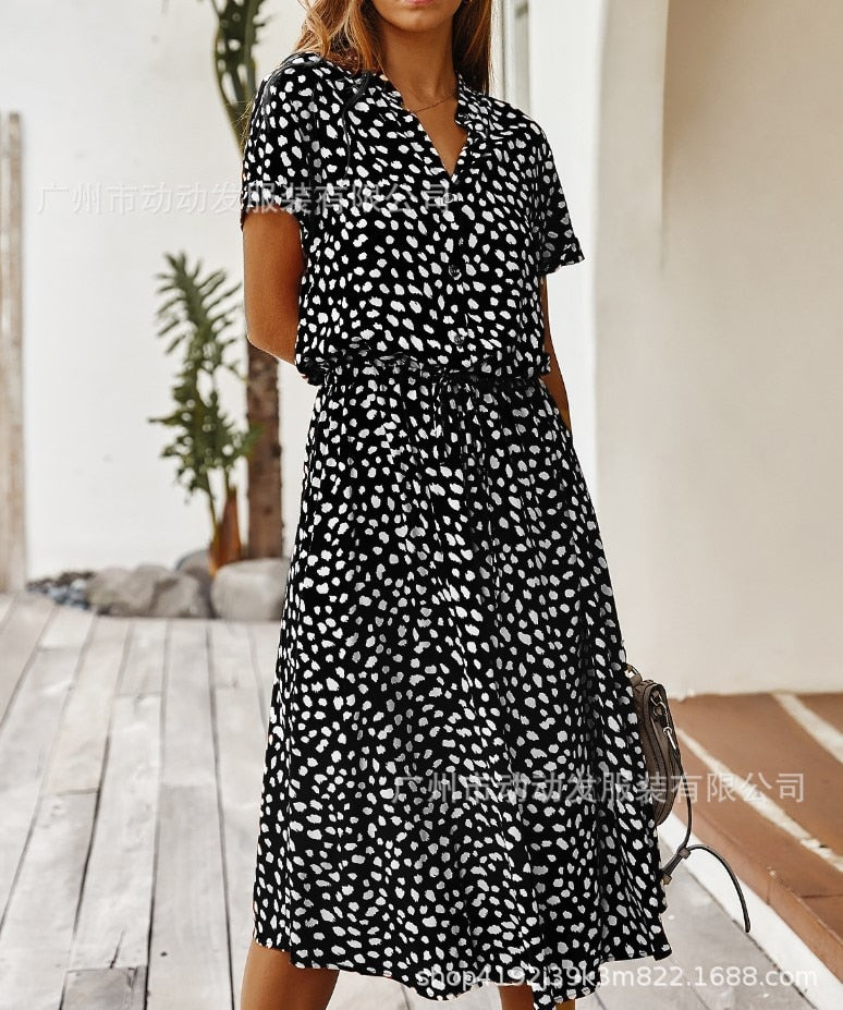 Women's Short Sleeve Collared Dress Drawstring Waist Polka Dot Print A Line Midi Dress