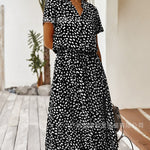 Women's Short Sleeve Collared Dress Drawstring Waist Polka Dot Print A Line Midi Dress