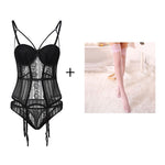 Black White Fashion Lace Bustier Bra Set Embroidered Lace Corset Lingerie Bustier With Cup Girdle Set With Straps Belt