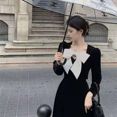 Velvet Puff Sleeve Midi Dress Women Elegant Big Bow Black Evening Gown Party Fashion Dress