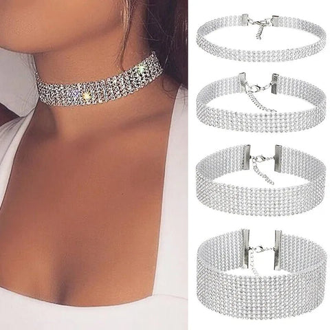 Choker Necklace Women Crystal Rhinestone Silver Chain Gothic Vintage Wedding Jewelry Accessories Gift