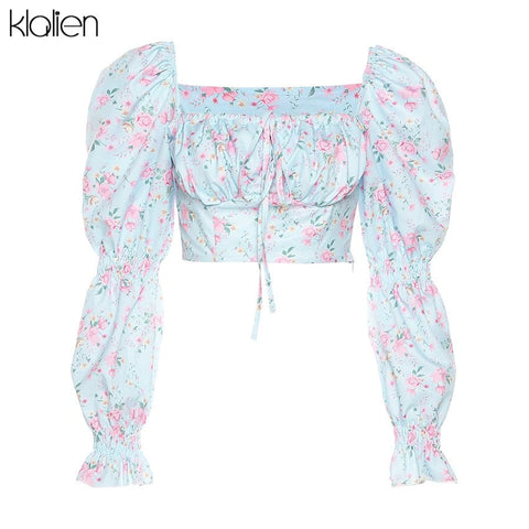 Puff Sleeve Floral Crop Top Women French Romantic Square Collar Elegant Spring Summer Party Fashion