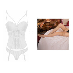 Black White Fashion Lace Bustier Bra Set Embroidered Lace Corset Lingerie Bustier With Cup Girdle Set With Straps Belt