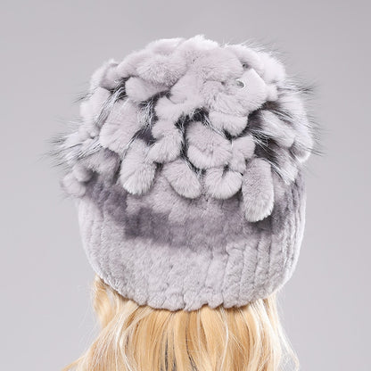 Women's Genuine Rex Rabbit Fur Hat Striped Top Flower Warm Real Fur Knit Beanie Caps