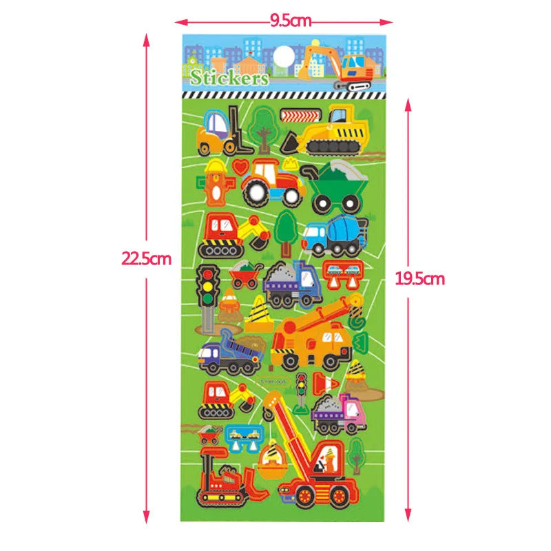 6 Sheets 3D Bubble Sticker Car Truck Plane Traffic Dinosaur Waterproof Cartoon Anime Stickers For Girl Boy Kids Funny Educational Toys