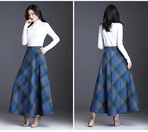 Women's Wool Thick Warm Plaid Skirts British Style Clothing with Pockets Pleated A-Line Midi Tartan Skirt