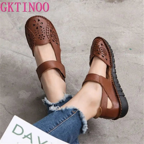 Sandals Women Genuine Leather Hollow Out Breathable Soft Flat Buckle Strap Casual Summer Shoes