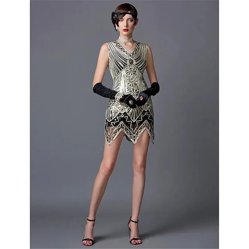 Woman wearing a vintage-style dress with intricate patterns on a gray background