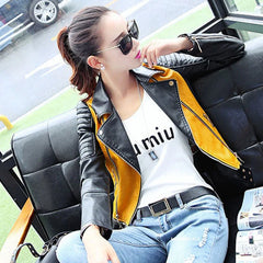 Women's Soft Motorcycle Jacket Short Faux Leather Spring Autumn Streetwear  Spliced Zippers Coat