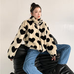 Black Hearts Plush Faux Fur Coat Warm Jacket Tan Beige