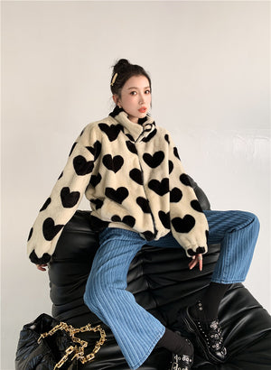 Black Hearts Plush Faux Fur Coat Warm Jacket Tan Beige