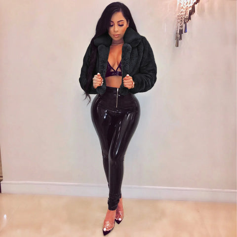 Faux Fur Fleece Coat Women Short Cropped Long Sleeve Open Stitch Fluffy Warm Winter Outerwear