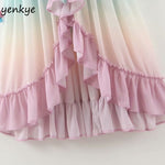 Women's Maxi Dress Multi-Color Gradient Print Long Dress V-Neck Long Sleeve Ruffle Boho A-Line Chiffon Dress