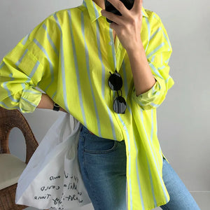 Women's Vertical Striped Long Sleeve Shirt Temperament Fit Trendy Fashion Long Shirt