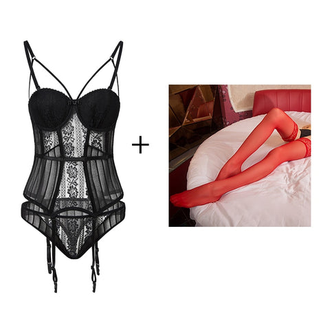 Lace Bustier Bra Set Women Black White Embroidered Corset Cup Girdle Straps Belt Fashion
