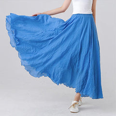 Cotton Linen Maxi Skirt Women's Casual Elastic High Waist Pleated A-Line Boho Skirts