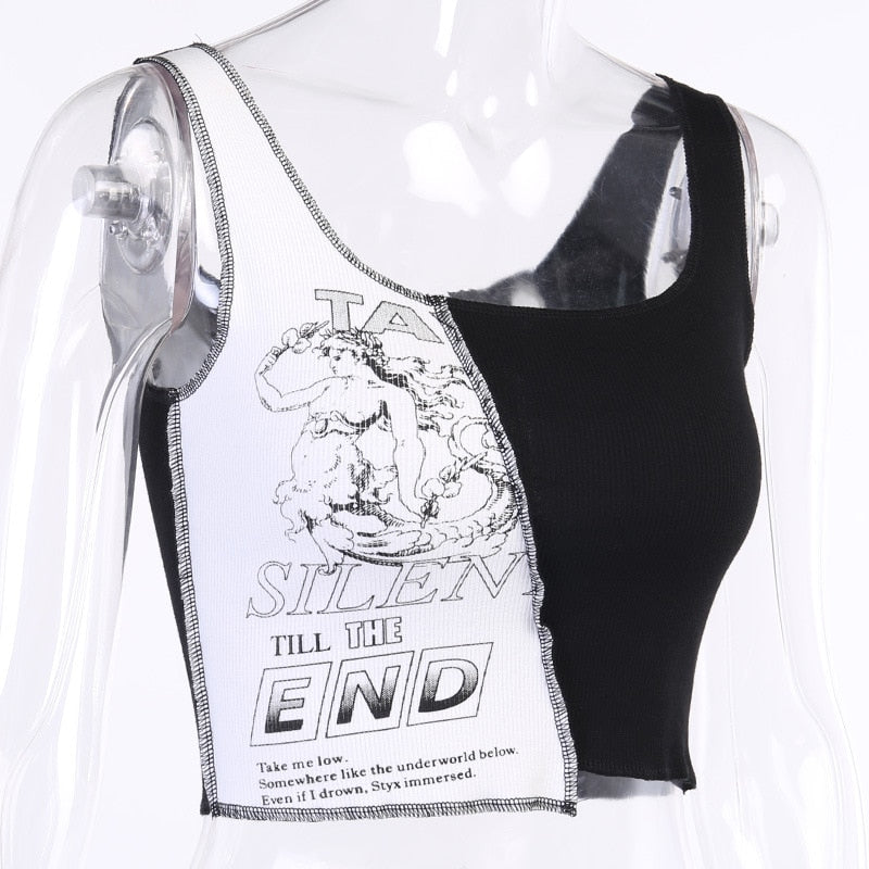 Women's Patchwork Punk Tank Tops Y2K Gothic Crop Top Streetwear Fashion