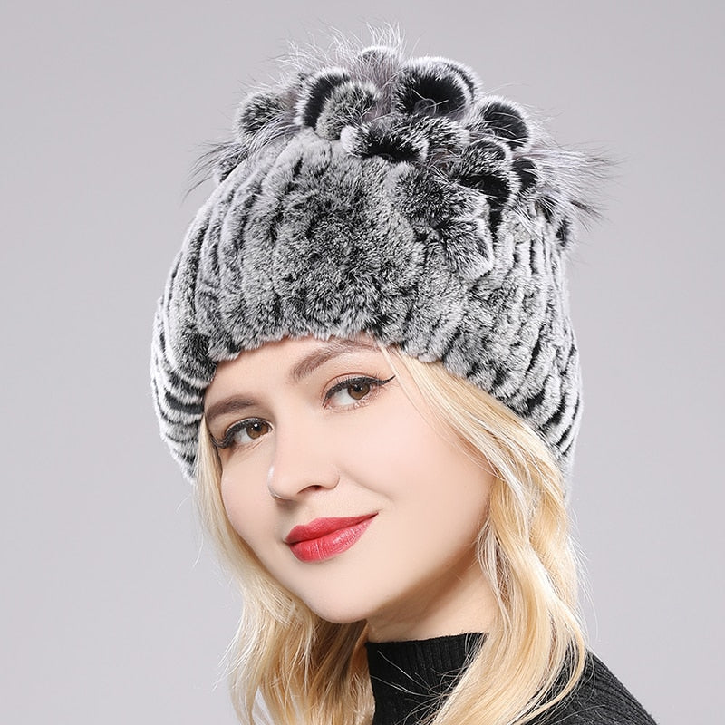 Women's Genuine Rex Rabbit Fur Hat Striped Top Flower Warm Real Fur Knit Beanie Caps