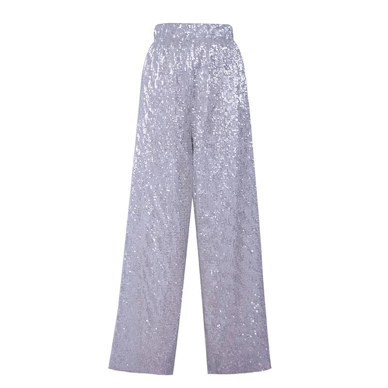 Sequin-Embellished Wide-Leg Silver Pants Elastic Waist Luxurious Style Women's Trousers