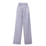 Sequin-Embellished Wide-Leg Silver Pants Elastic Waist Luxurious Style Women's Trousers
