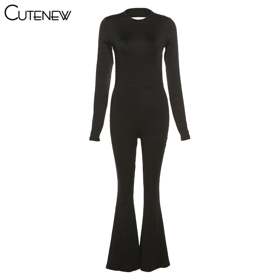 Sexy Backless Bodycon Flare Leg Jumpsuit Casual Slim Long Sleeve O-Neck Playsuit