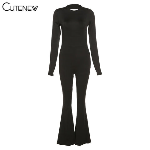 Backless Flare Leg Jumpsuit Women Bodycon Slim Long Sleeve O-Neck Casual Playsuit Fashion