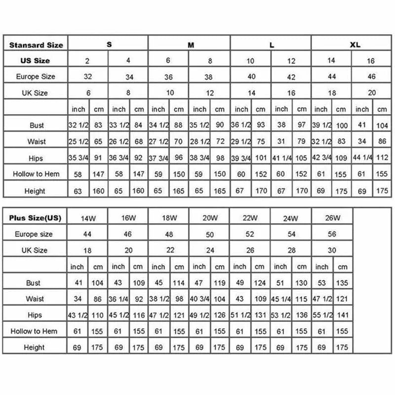 Size chart comparing US, Europe, and UK sizes with measurements in inches and centimeters.