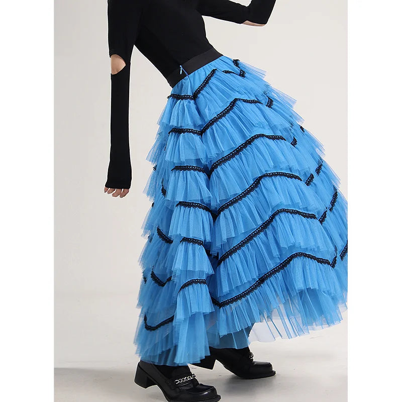 Women's Blue Ruffle Layered Dance Long Skirt Lace Cake Mesh Long Skirt High Waist Fluffy Layered Party Skirts
