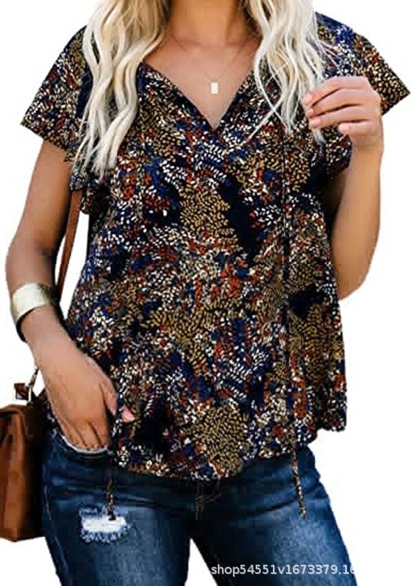 Women's Summer Chiffon Blouse V-Neck Floral Print Shirt